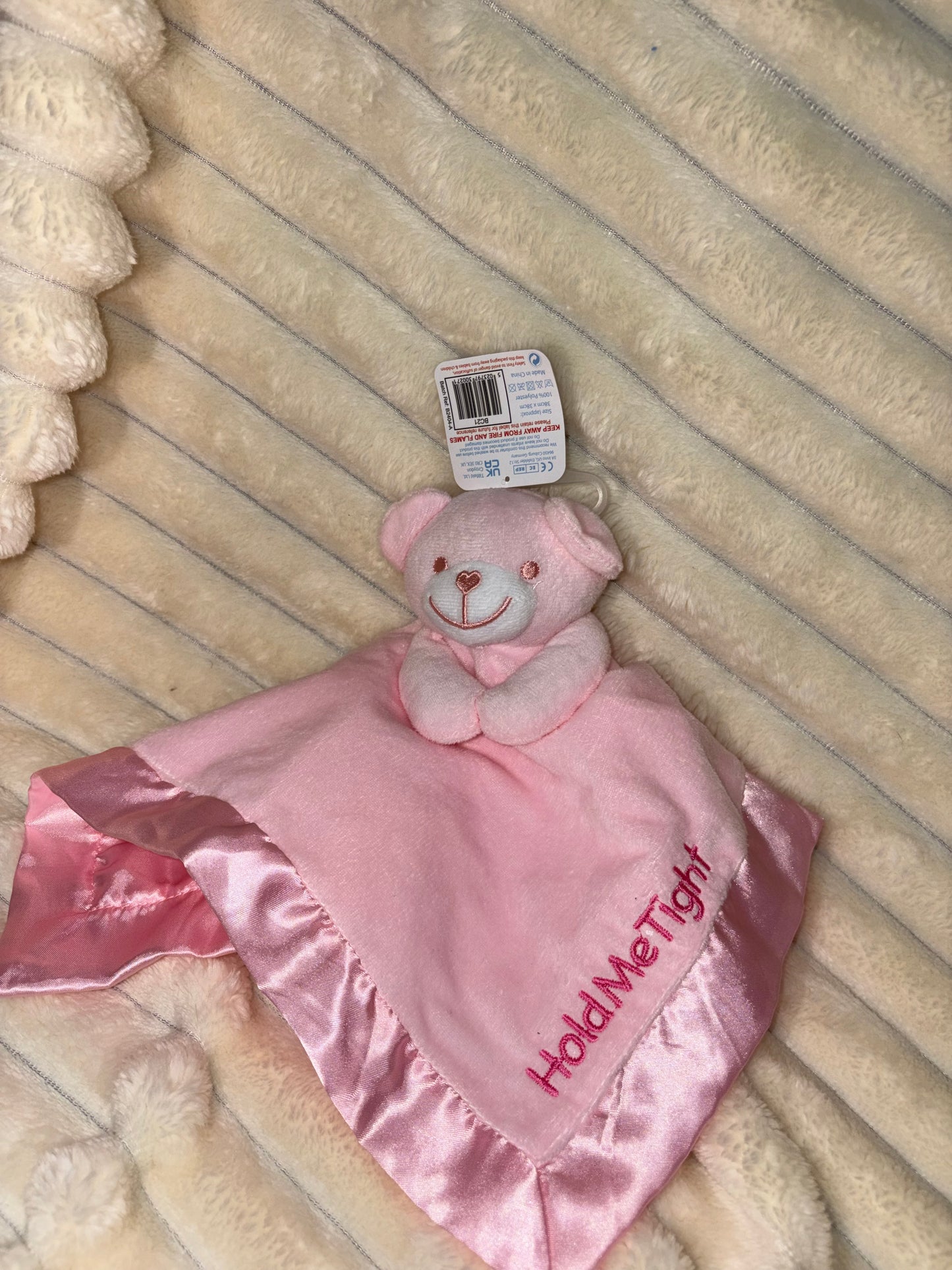 Pink Baby Comforter – Embroidered “Hold Me Tight” | Soft Snuggle Toy for Newborns & Toddlers