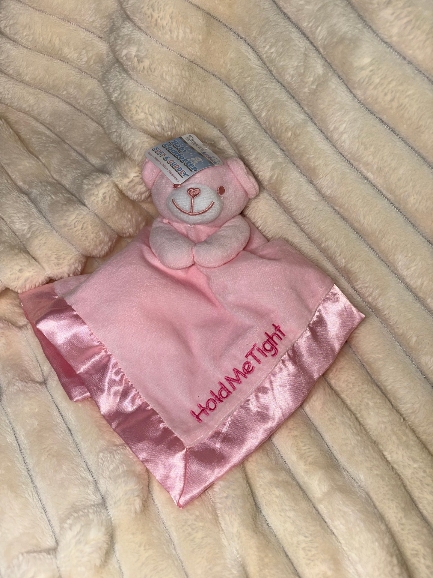 Pink Baby Comforter – Embroidered “Hold Me Tight” | Soft Snuggle Toy for Newborns & Toddlers