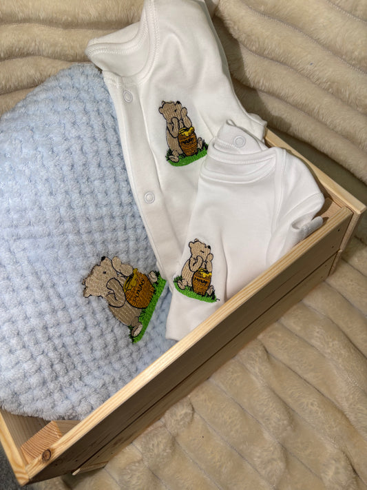 Winnie Pooh Blue Baby Blanket, Vest and Sleepsuit Bundle | Baby Outfit Disney Inspired