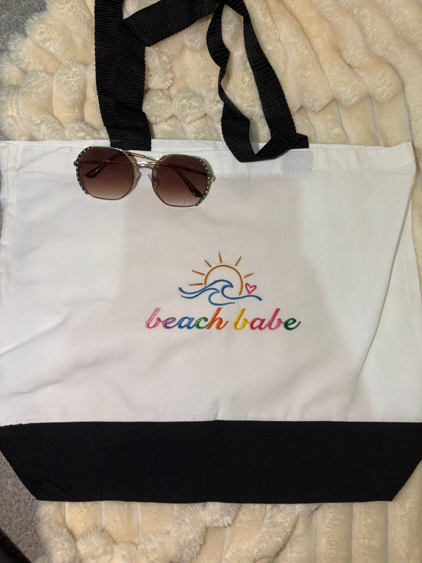 Beach Babe Rainbow Tote Bag | Summer Vacation Accessory | Cute Beach Canvas Bag | Aesthetic Ocean Lover Gift | Two-Tone Beach Bag