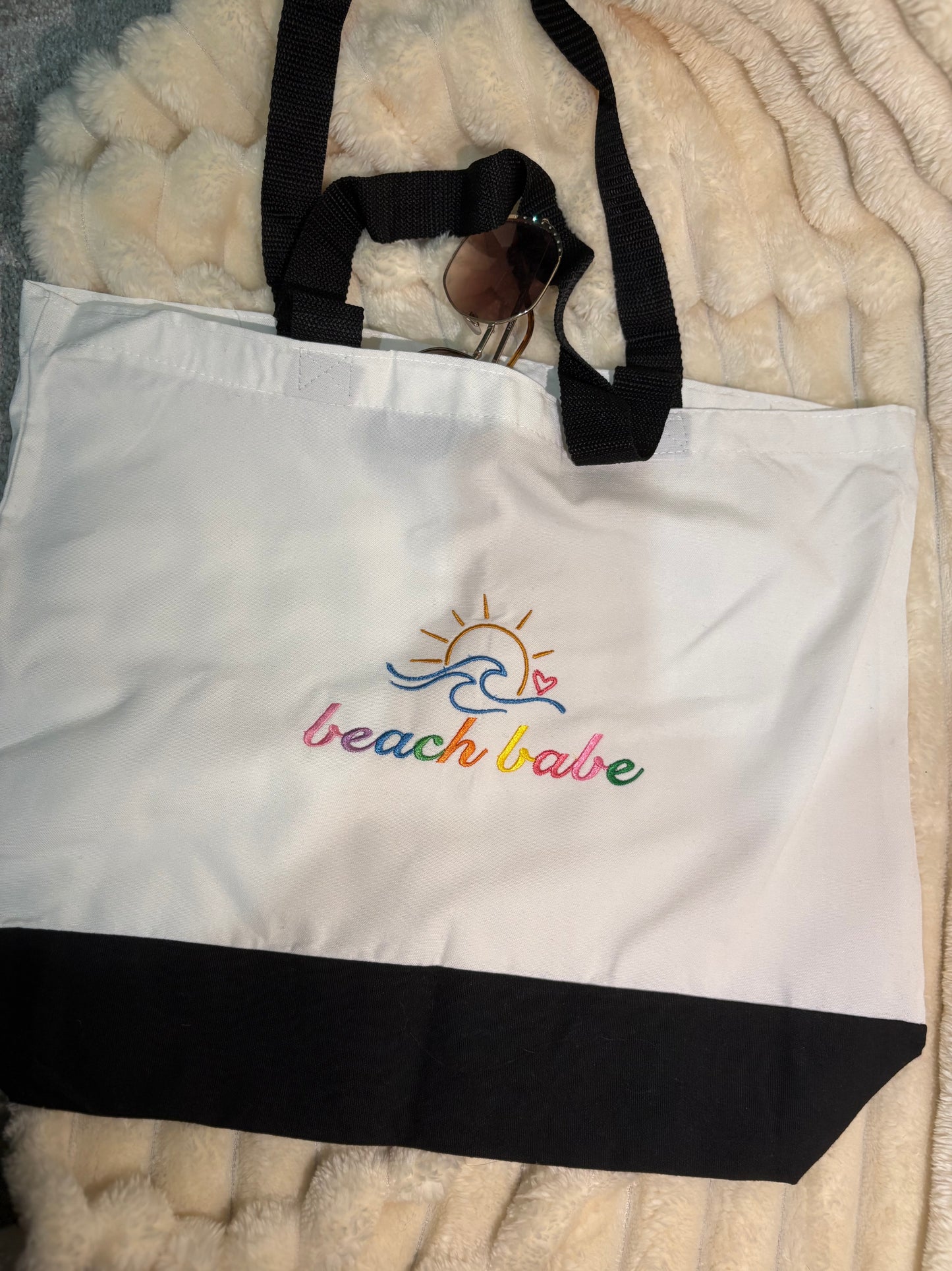 Beach Babe Rainbow Tote Bag | Summer Vacation Accessory | Cute Beach Canvas Bag | Aesthetic Ocean Lover Gift | Two-Tone Beach Bag