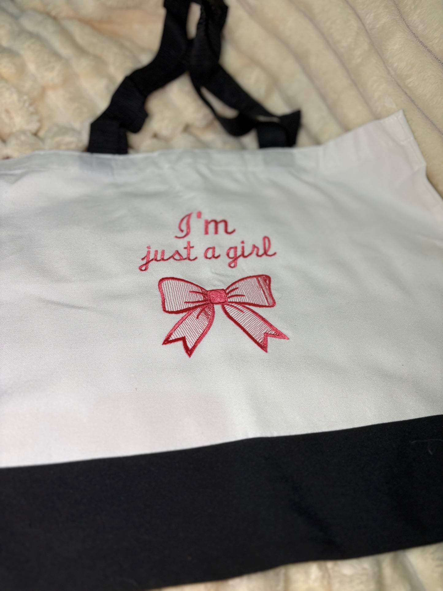 'I'm Just a Girl' Pink Bow Tote Bag | Cute Aesthetic Shoulder Bag | Couquette Style Gift for Her | Girly Canvas Tote