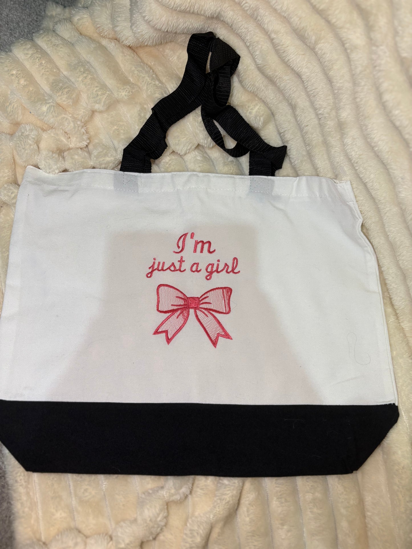'I'm Just a Girl' Pink Bow Tote Bag | Cute Aesthetic Shoulder Bag | Couquette Style Gift for Her | Girly Canvas Tote
