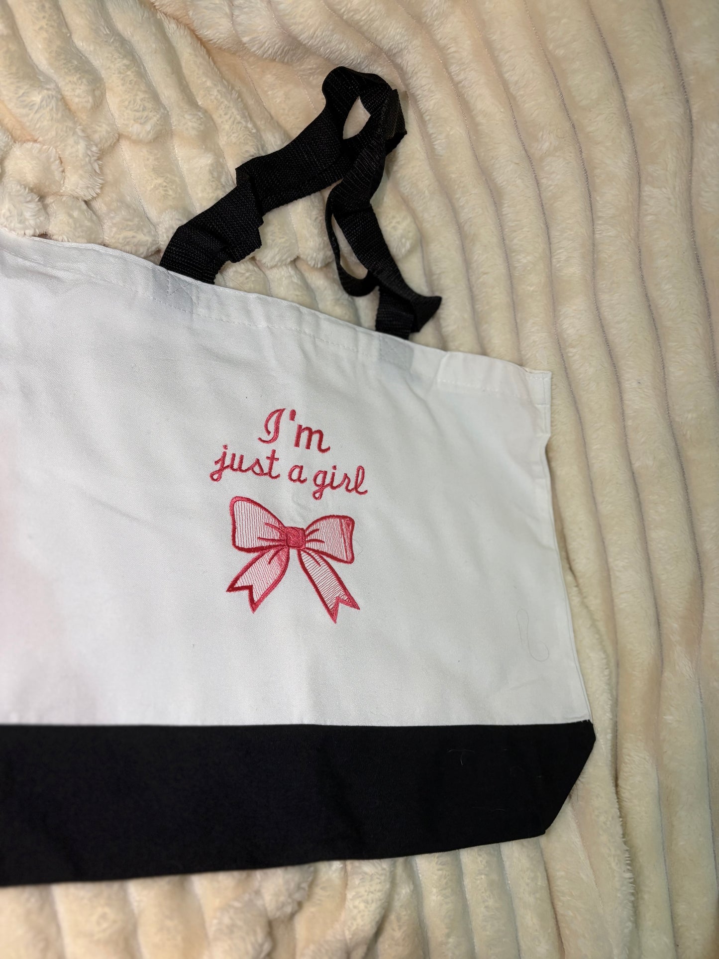 'I'm Just a Girl' Pink Bow Tote Bag | Cute Aesthetic Shoulder Bag | Couquette Style Gift for Her | Girly Canvas Tote