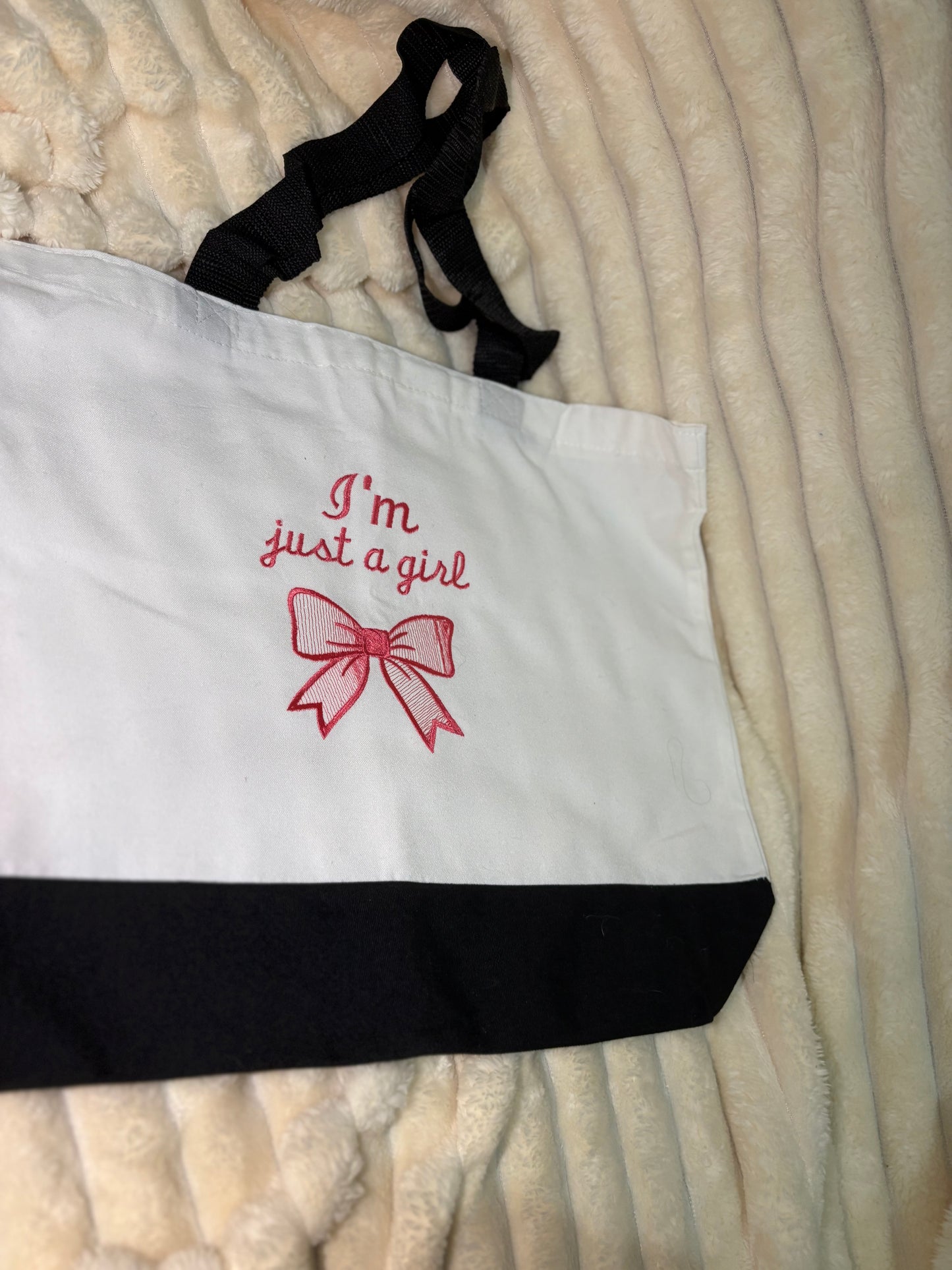 'I'm Just a Girl' Pink Bow Tote Bag | Cute Aesthetic Shoulder Bag | Couquette Style Gift for Her | Girly Canvas Tote