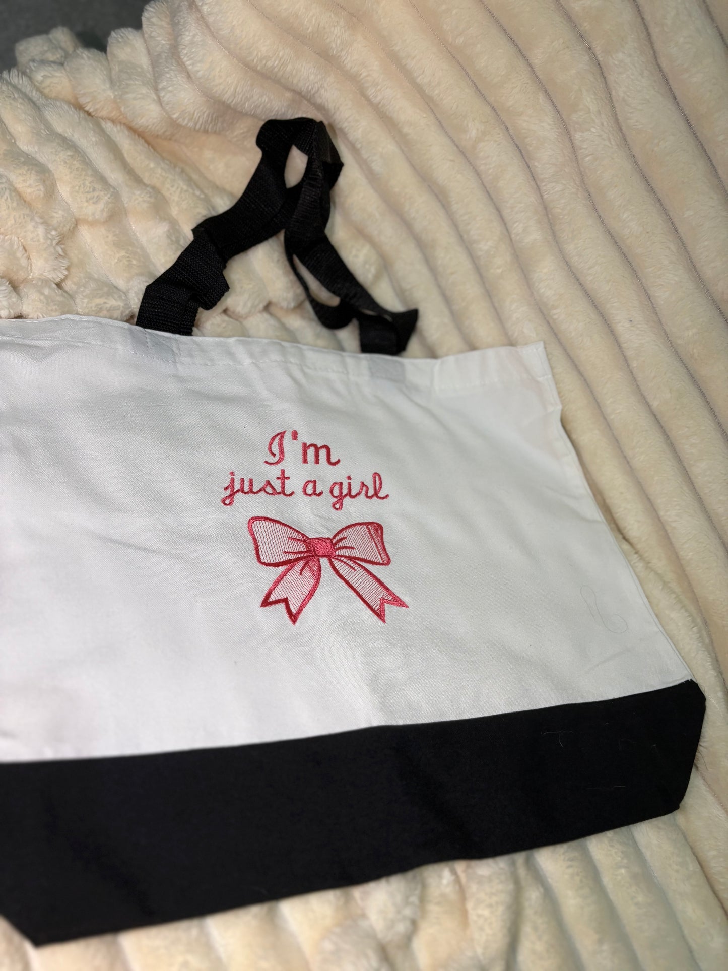 'I'm Just a Girl' Pink Bow Tote Bag | Cute Aesthetic Shoulder Bag | Couquette Style Gift for Her | Girly Canvas Tote