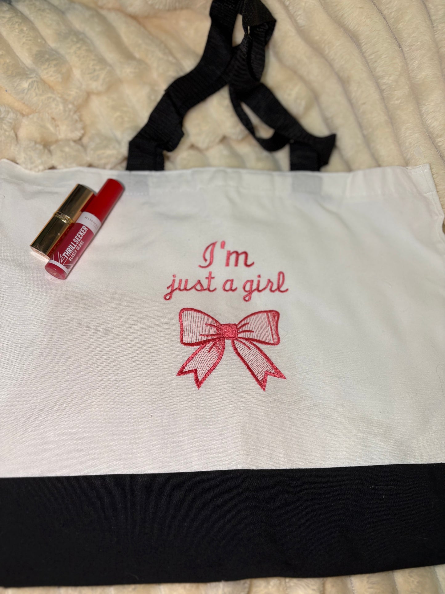 'I'm Just a Girl' Pink Bow Tote Bag | Cute Aesthetic Shoulder Bag | Couquette Style Gift for Her | Girly Canvas Tote