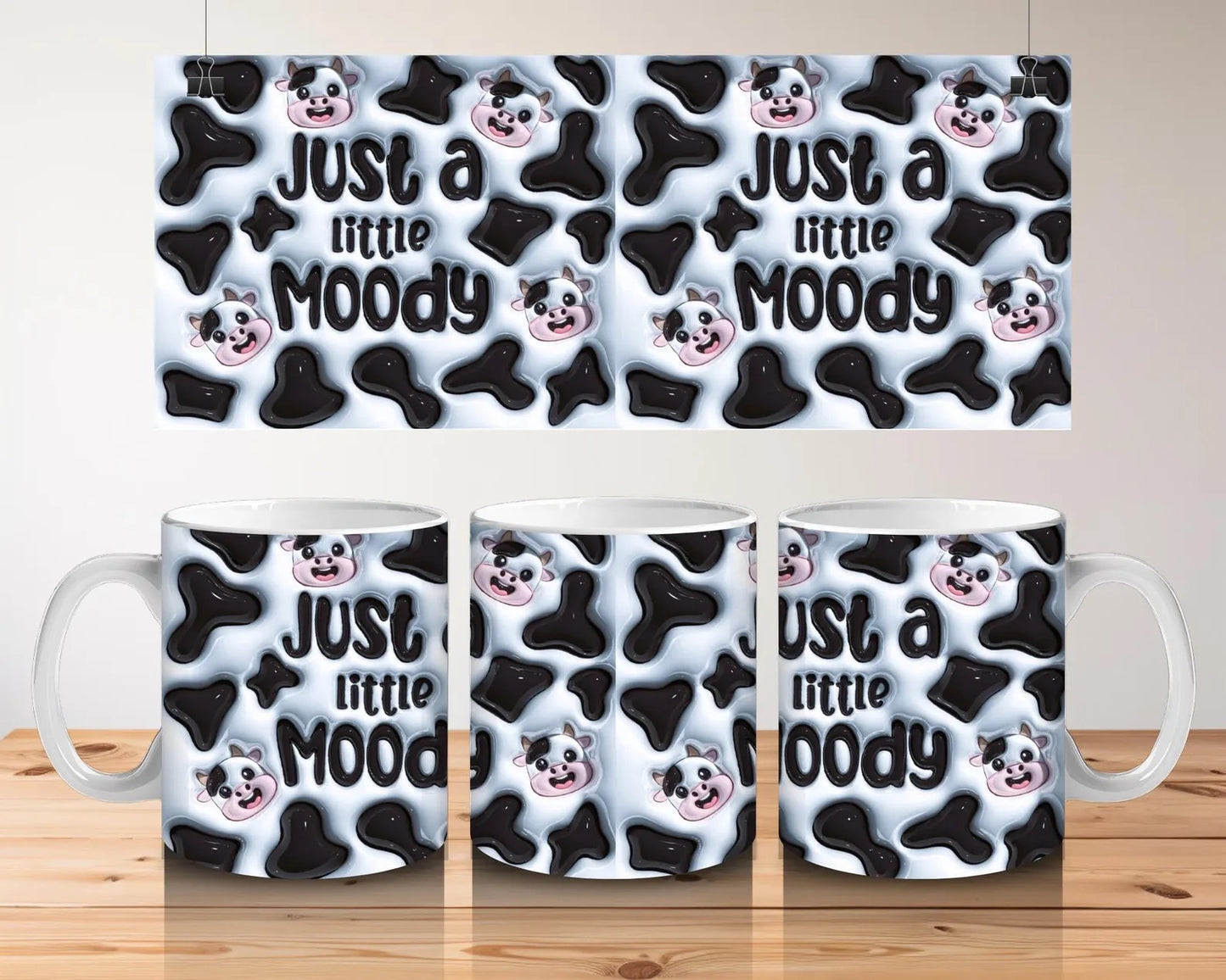 Just a Little Moody Cow Mug - 3D Effect Cow Print Cup - Funny Farm Animal Mug - Gift for Cow Lovers - Wrap Around Design