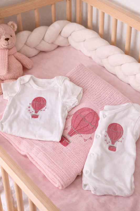 Pink Cellular Blanket, Sleepsuit and Vest Set- Hot Air Balloon Design