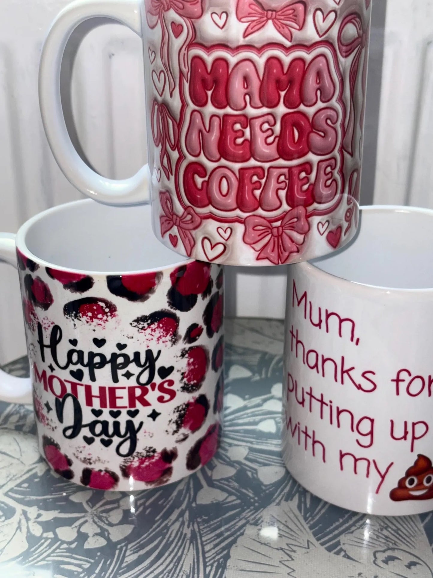 Mama Needs Coffee Mug - 3D Effect Pink Bow Design - Gift for Mums - Mother's Day Cup - Wrap Around Design