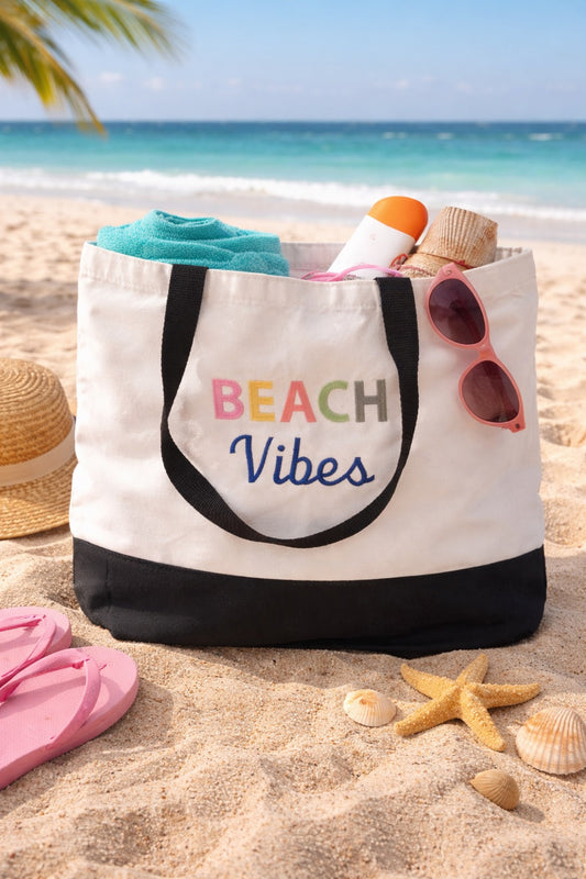 Beach Vibes Rainbow Tote Bag | Summer Vacation Accessory | Cute Beach Canvas Bag |  Two-Tone Beach Bag