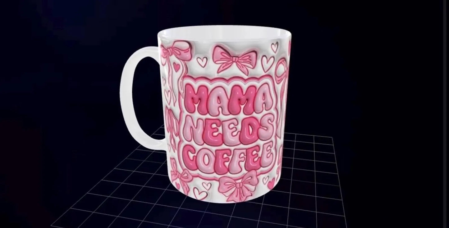 Mama Needs Coffee Mug - 3D Effect Pink Bow Design - Gift for Mums - Mother's Day Cup - Wrap Around Design