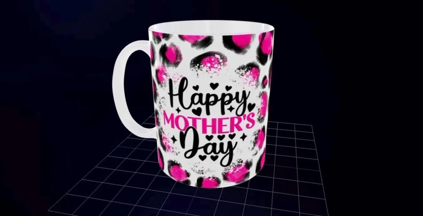 Happy Mother's Day Mug - Pink Leopard Print Coffee Cup, Mother's Day Gift for Mom, Mum, Grandma, Novelty Ceramic Mug