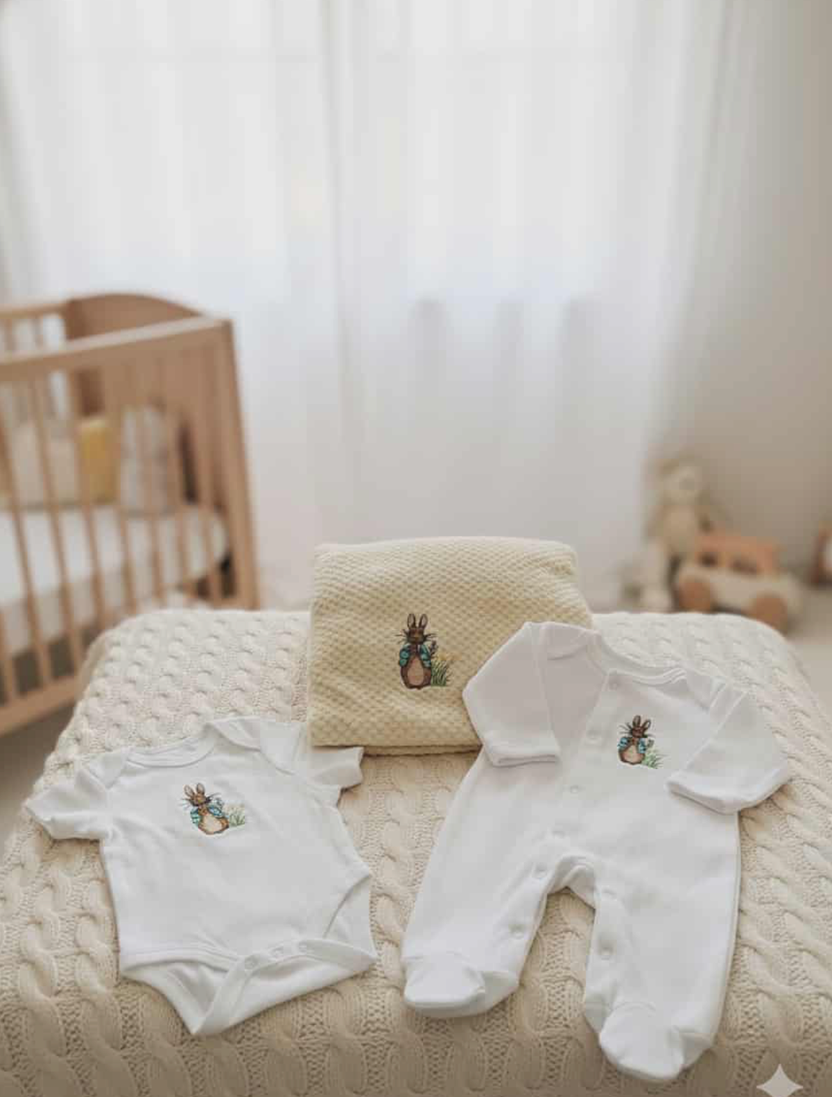 Peter Rabbit Baby Bundle- Pale Yellow Blanket, Babygrow and Vest Handmade Embroidered