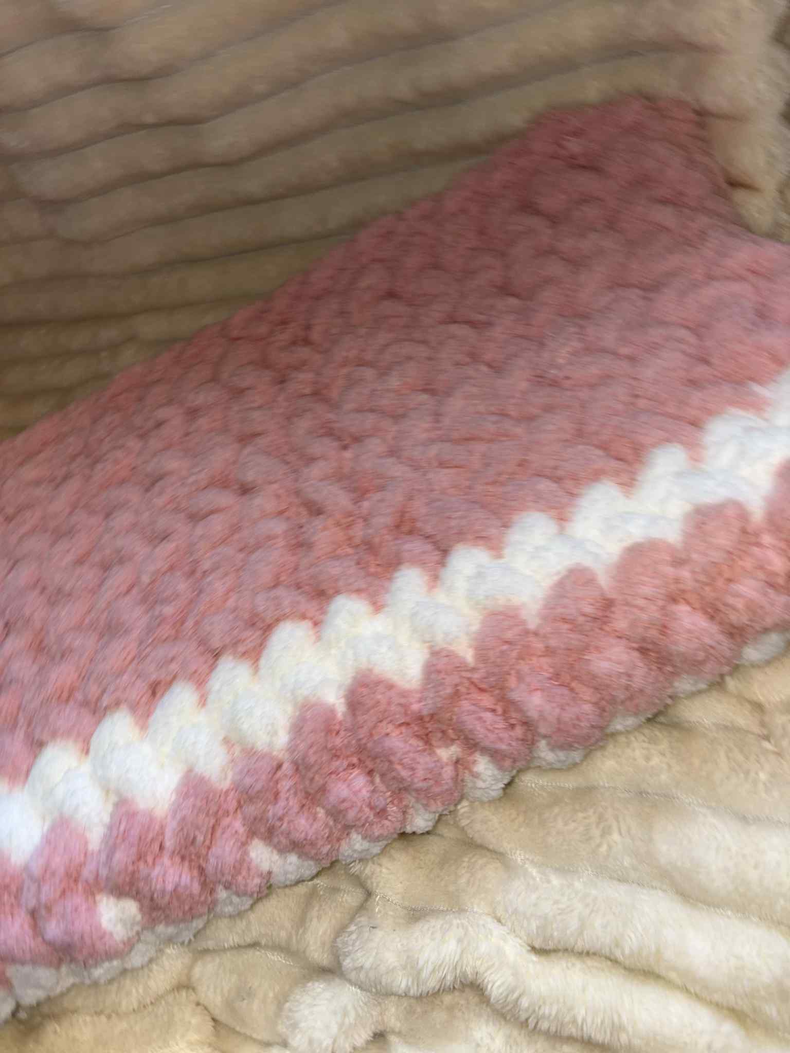 Hand Knitted Chunky Baby Pram Crib Blanket 25x30 inch Peach Pink and White Multicolor