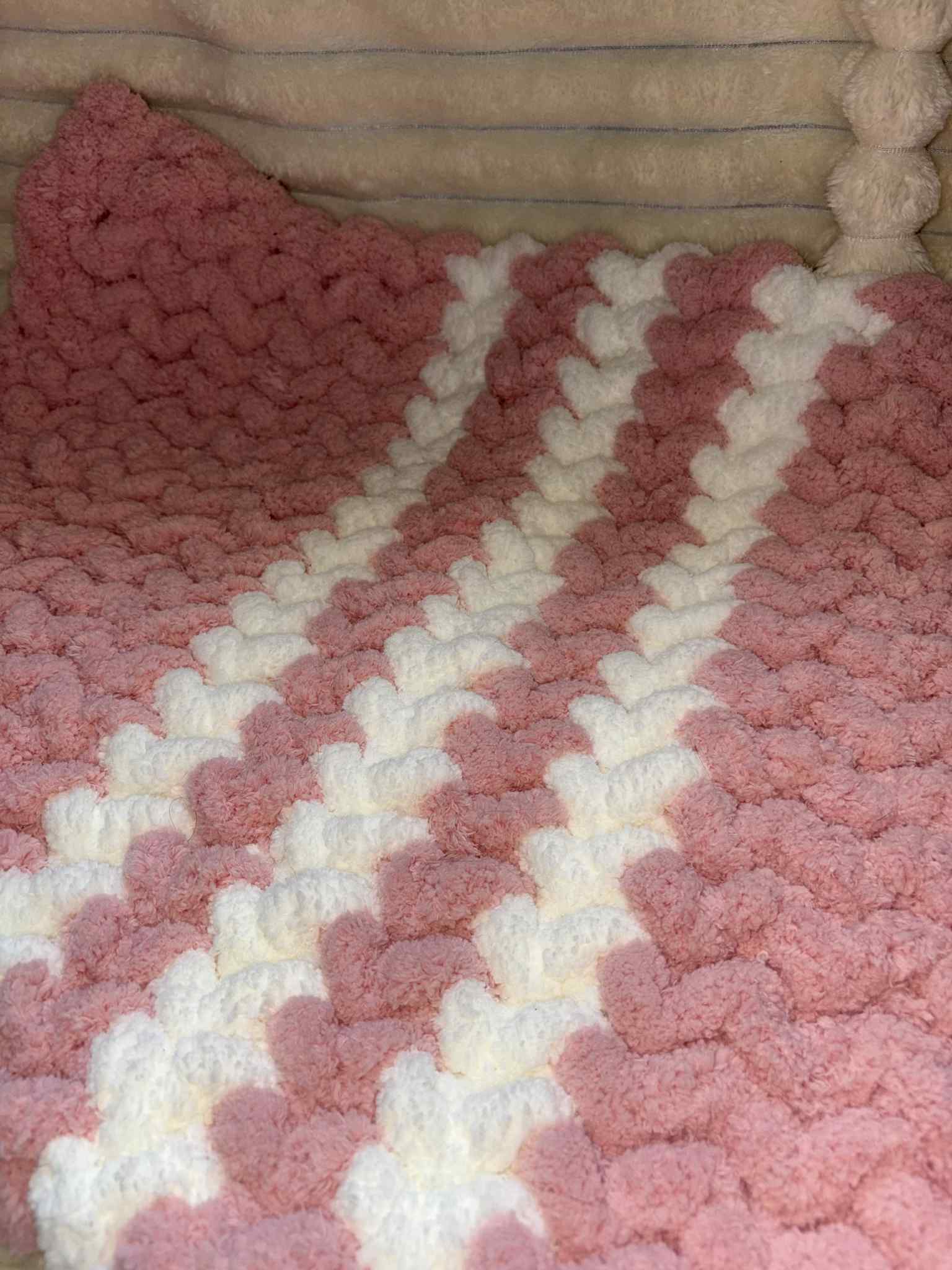 Hand Knitted Chunky Baby Pram Crib Blanket 25x30 inch Peach Pink and White Multicolor