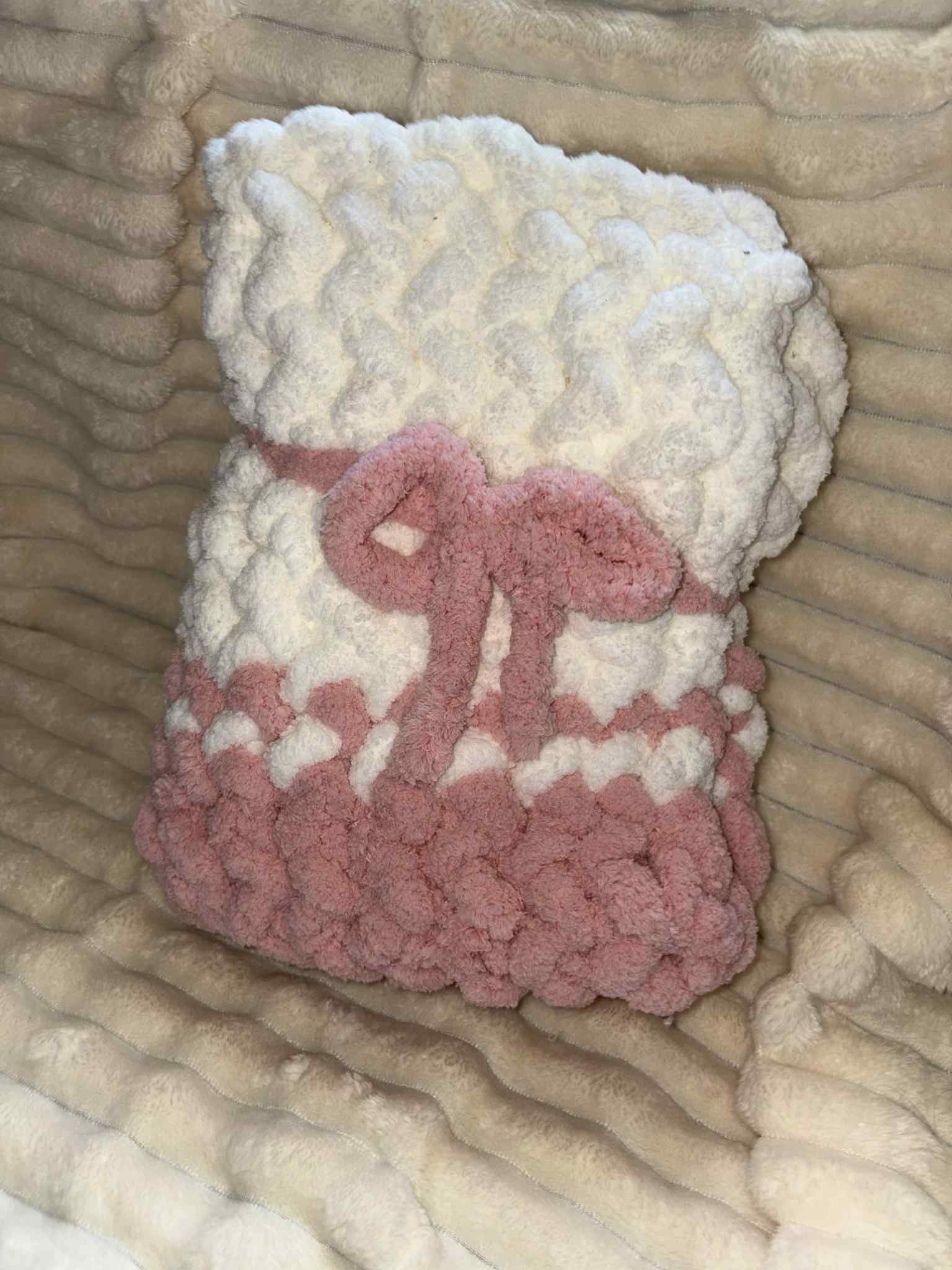 Hand Knitted Chunky Baby Pram Crib Blanket 25x30 inch Peach Pink and White Multicolor