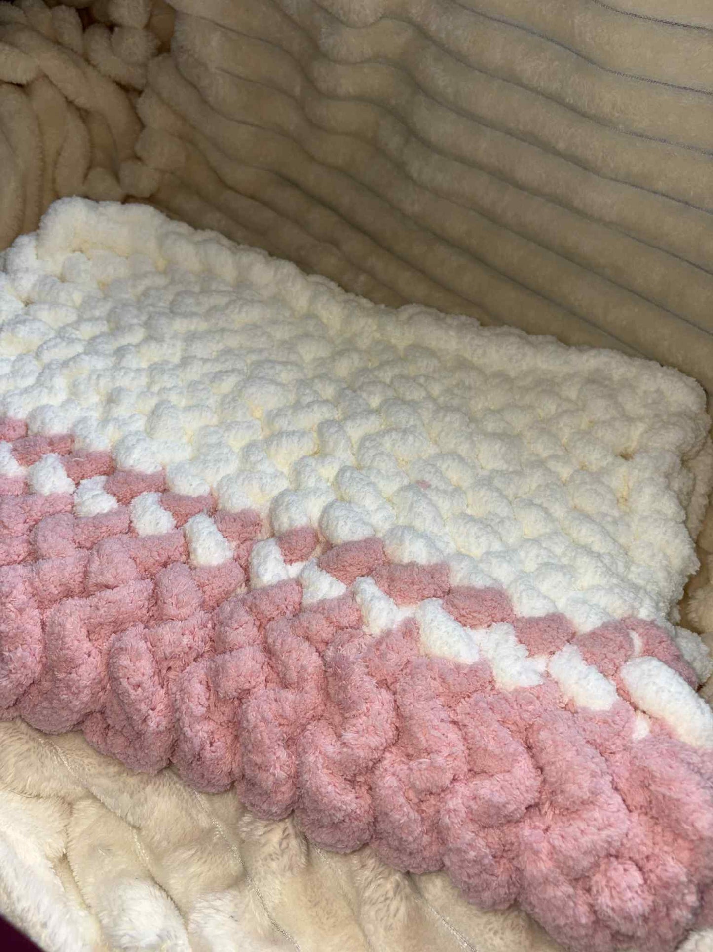 Hand Knitted Chunky Baby Pram Crib Blanket 25x30 inch Peach Pink and White Multicolor