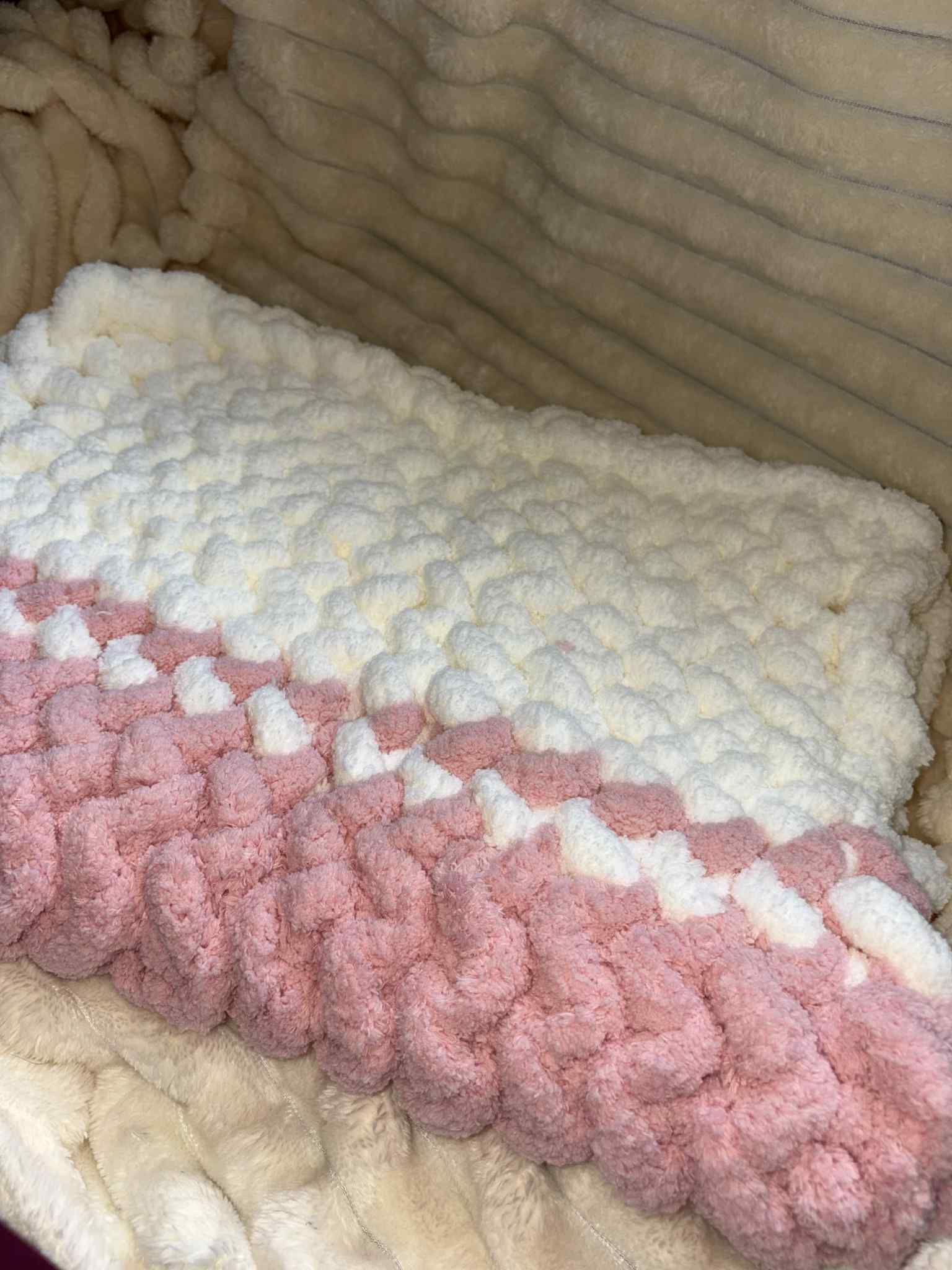 Hand Knitted Chunky Baby Pram Crib Blanket 25x30 inch Peach Pink and White Multicolor