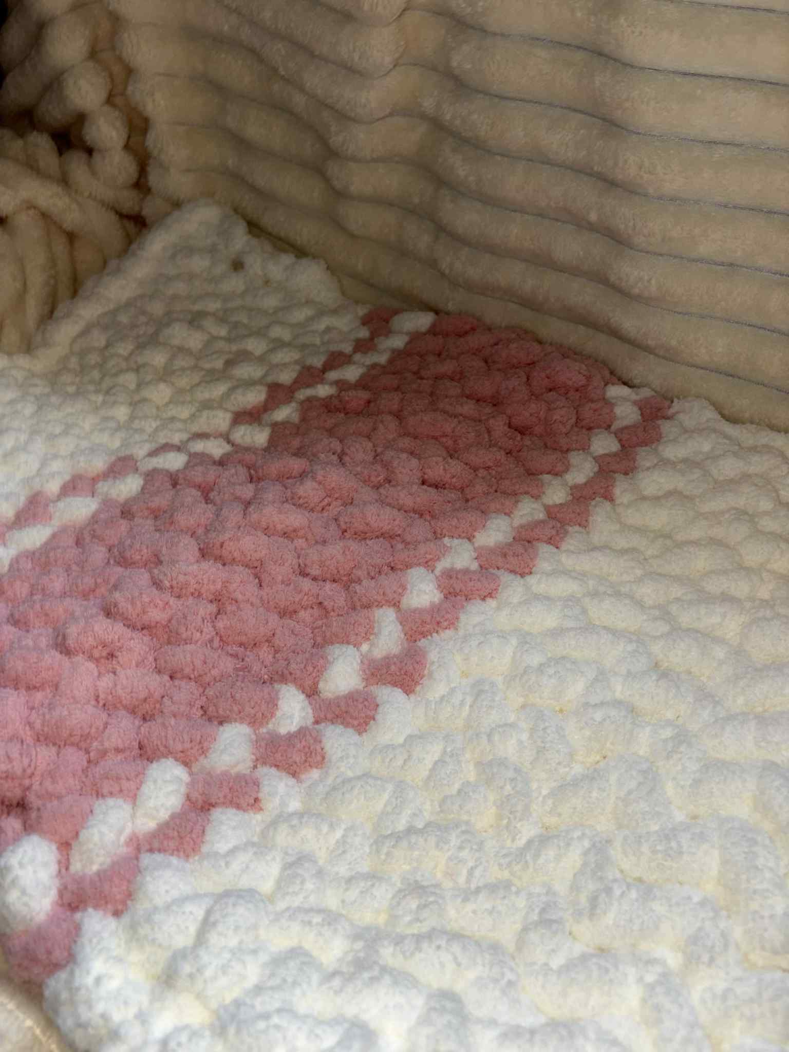Hand Knitted Chunky Baby Pram Crib Blanket 25x30 inch Peach Pink and White Multicolor