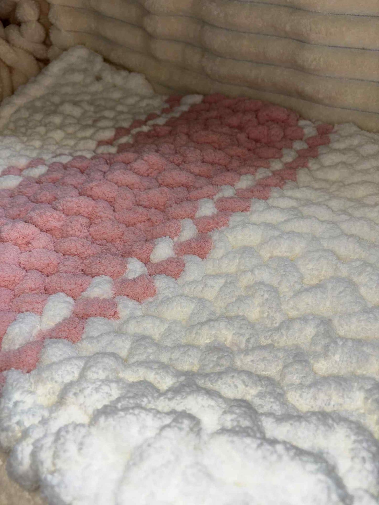 Hand Knitted Chunky Baby Pram Crib Blanket 25x30 inch Peach Pink and White Multicolor