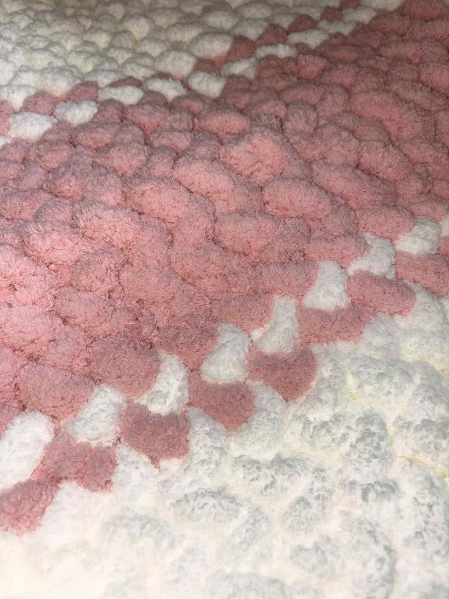 Hand Knitted Chunky Baby Pram Crib Blanket 25x30 inch Peach Pink and White Multicolor