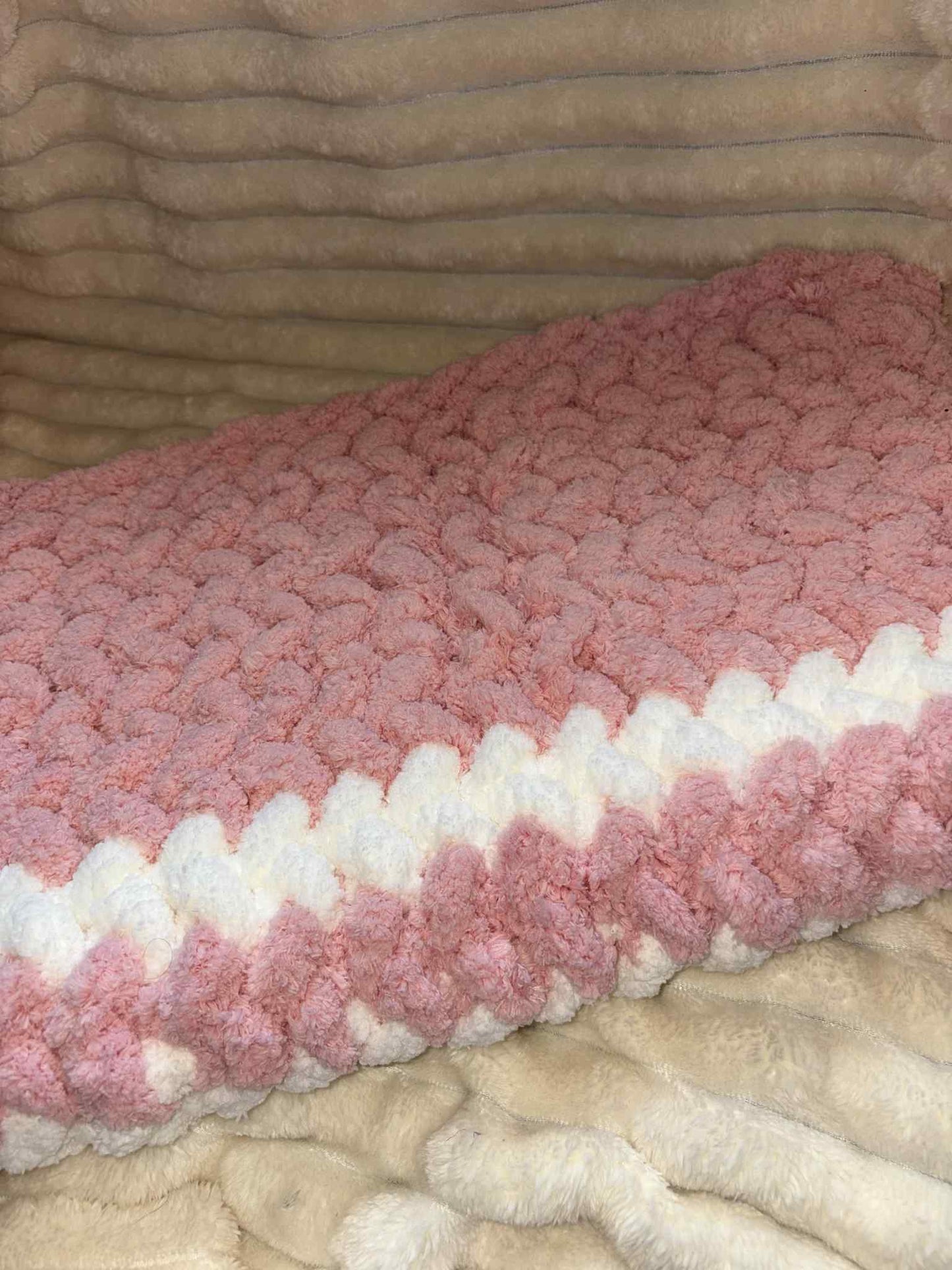 Hand Knitted Chunky Baby Pram Crib Blanket 25x30 inch Peach Pink and White Multicolor