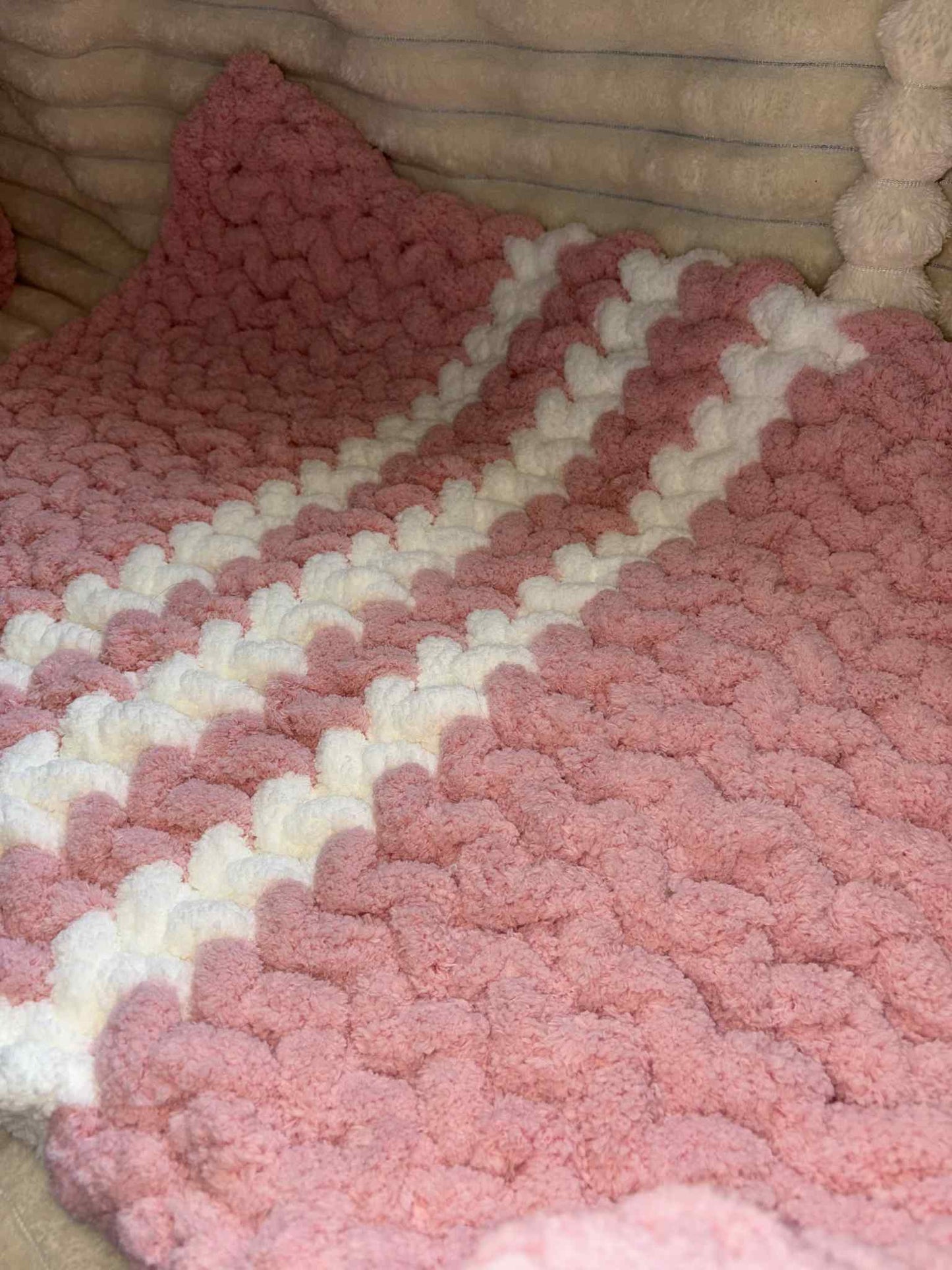 Hand Knitted Chunky Baby Pram Crib Blanket 25x30 inch Peach Pink and White Multicolor