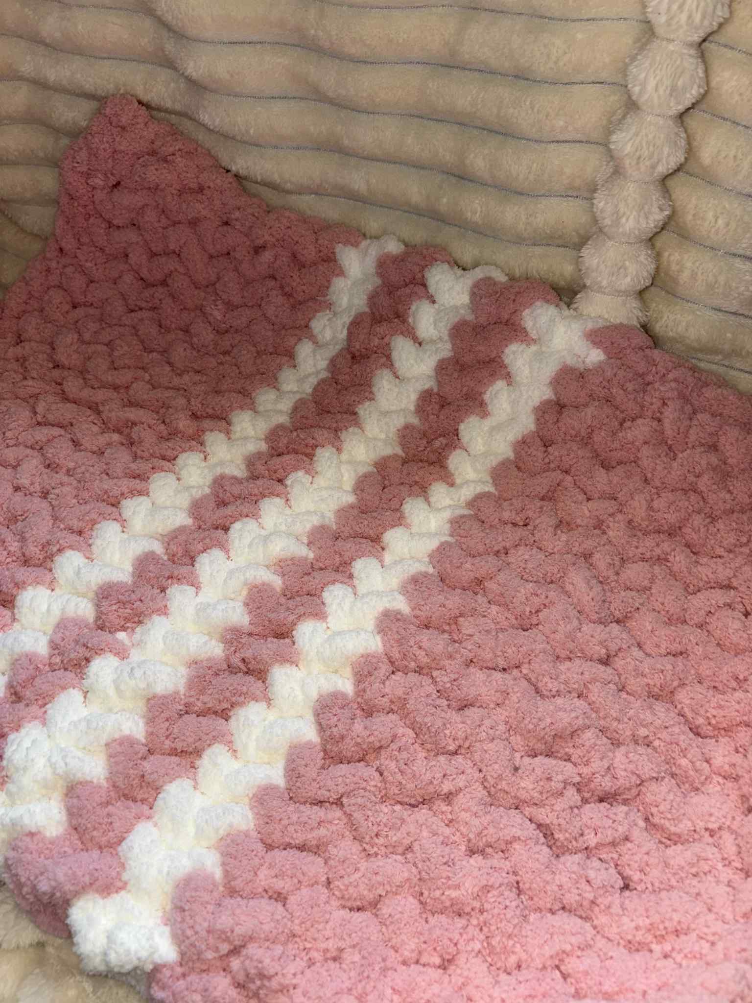 Hand Knitted Chunky Baby Pram Crib Blanket 25x30 inch Peach Pink and White Multicolor