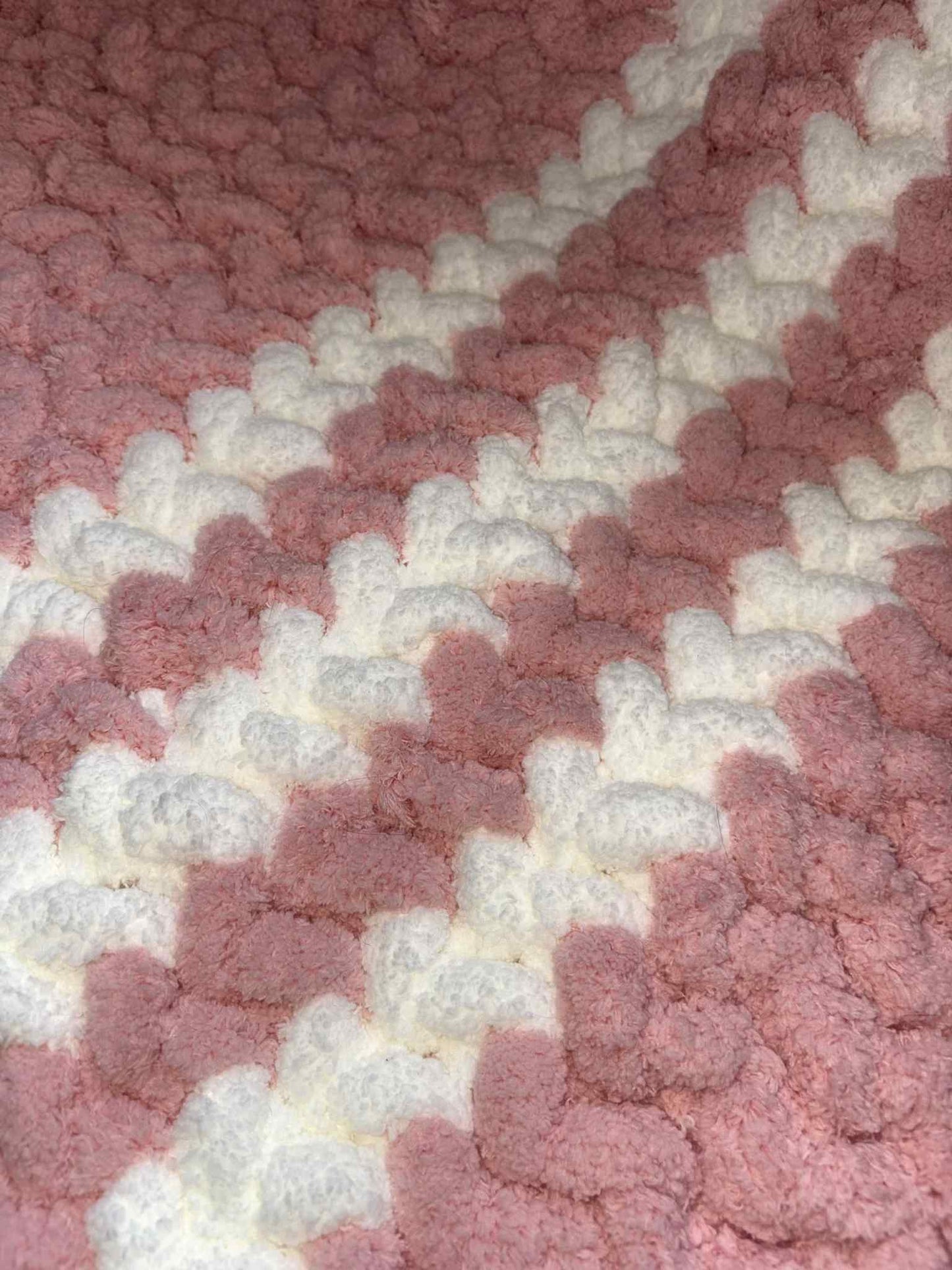 Hand Knitted Chunky Baby Pram Crib Blanket 25x30 inch Peach Pink and White Multicolor