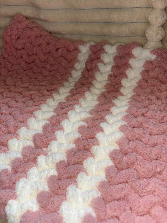 Hand Knitted Chunky Baby Pram Crib Blanket 25x30 inch Peach Pink and White Multicolor