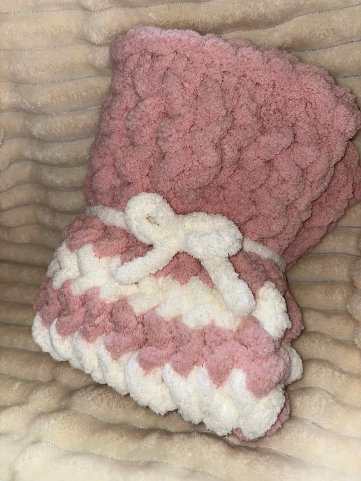 Hand Knitted Chunky Baby Pram Crib Blanket 25x30 inch Peach Pink and White Multicolor