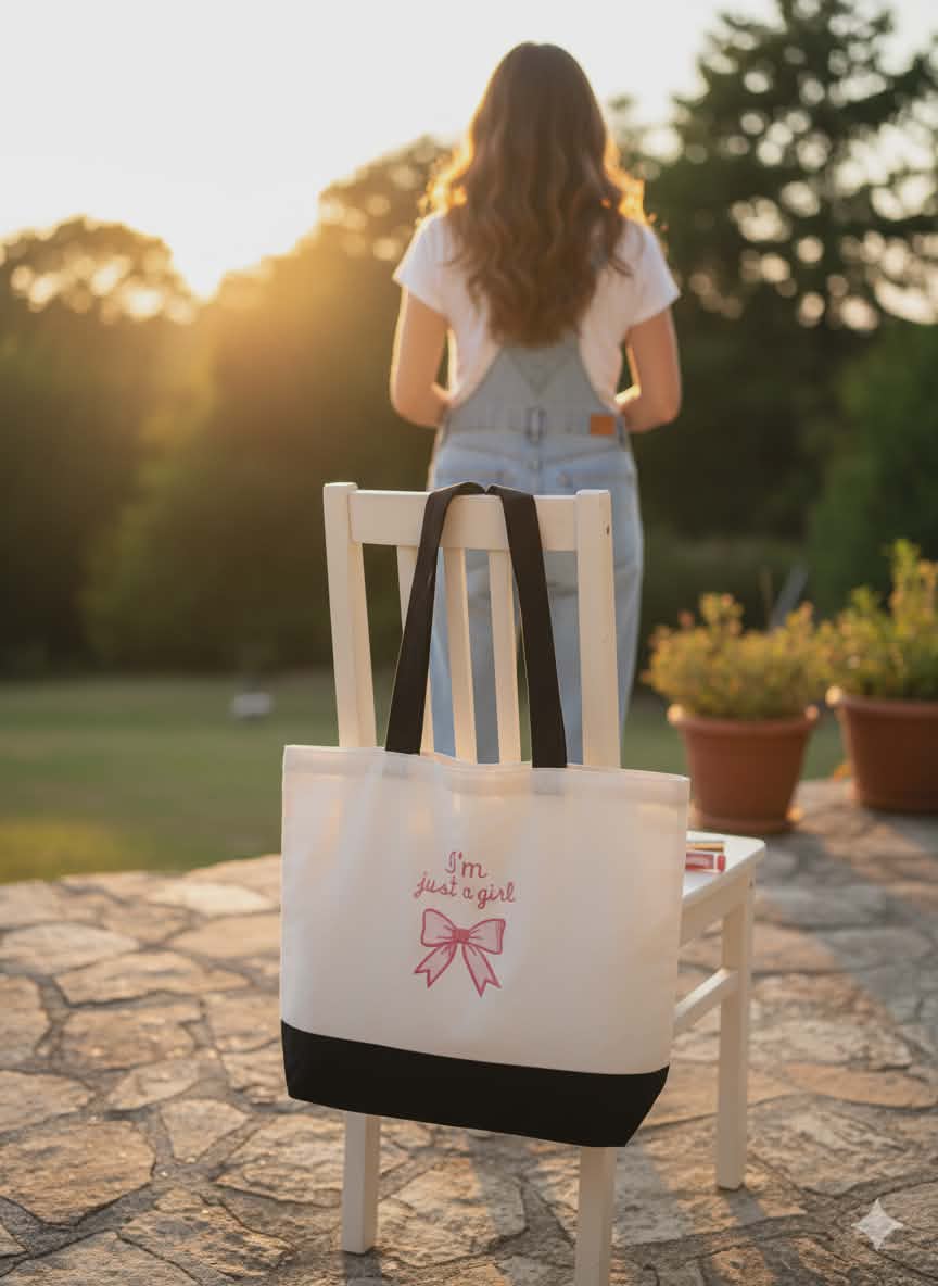 'I'm Just a Girl' Pink Bow Tote Bag | Cute Aesthetic Shoulder Bag | Couquette Style Gift for Her | Girly Canvas Tote