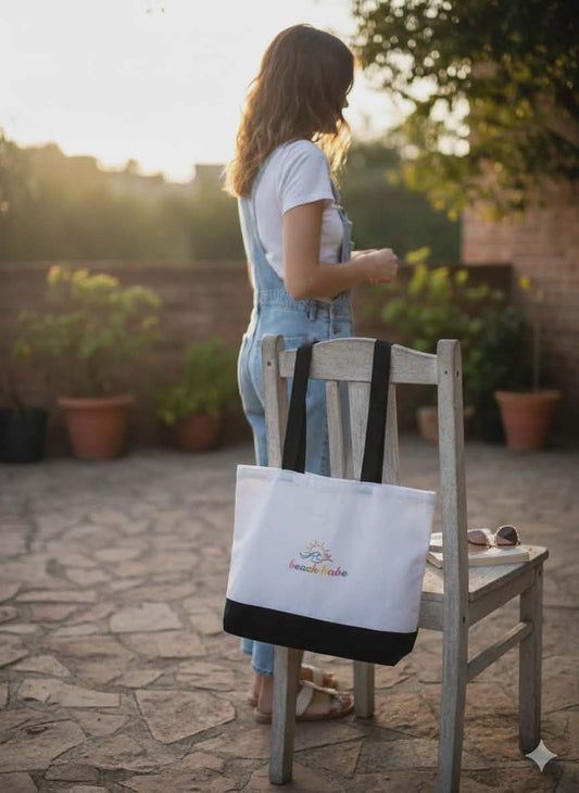 Beach Babe Rainbow Tote Bag | Summer Vacation Accessory | Cute Beach Canvas Bag | Aesthetic Ocean Lover Gift | Two-Tone Beach Bag
