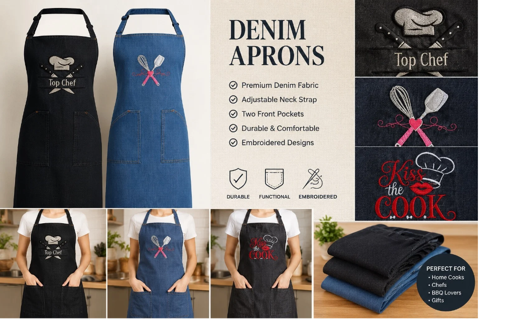 Embroidered Denim Apron, Personalized Cooking Gift for Chef, Custom Kitchen Apron Black Indigo Denim, Top Chef, Kiss the Cook, Grandma