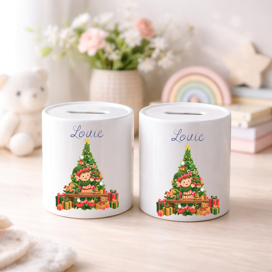 Personalised Money Box Ceramic Piggy Bank First Christmas Elf and Tree