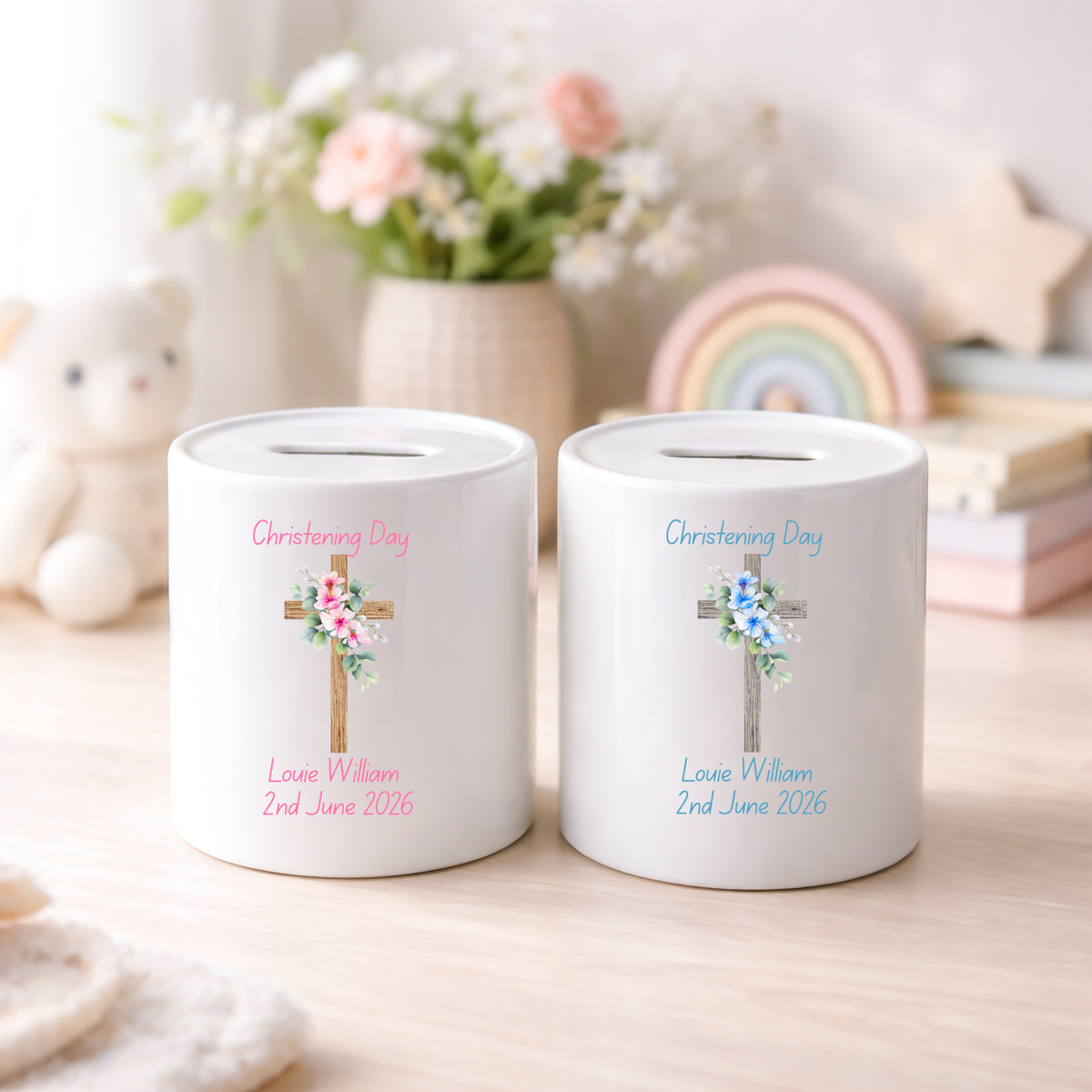 Personalised Money Box Ceramic Piggy Bank Christening Day Design