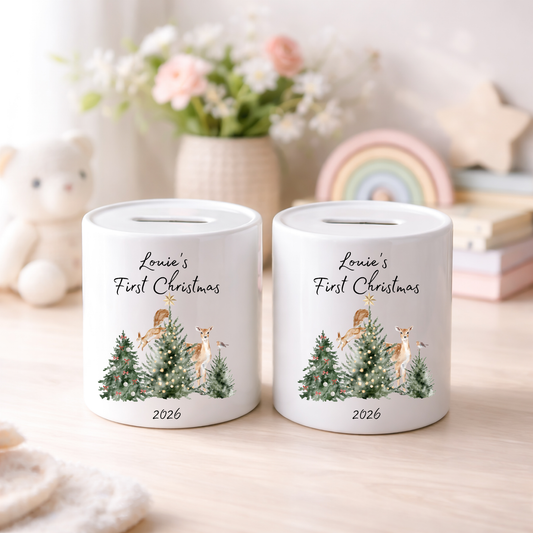 Personalised Money Box Ceramic Piggy Bank First Christmas Trees and Deer