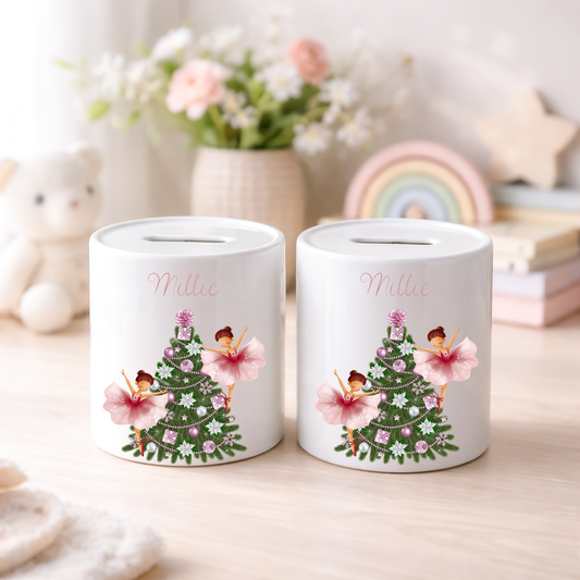Personalised Money Box Ceramic Piggy Bank First Christmas Fairy and Tree