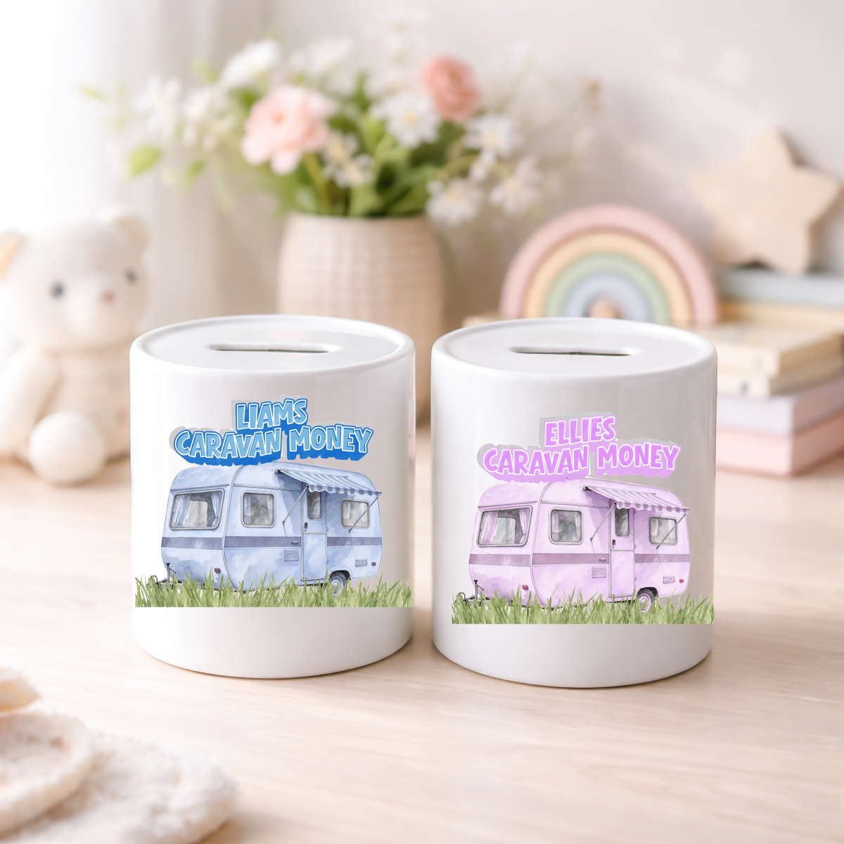 Personalised Money Box Ceramic Piggy Bank Caravan Money