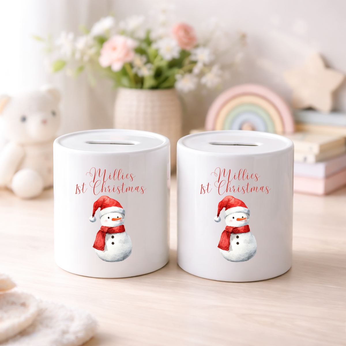 Personalised Money Box Ceramic Piggy Bank 1st Christmas Snowman