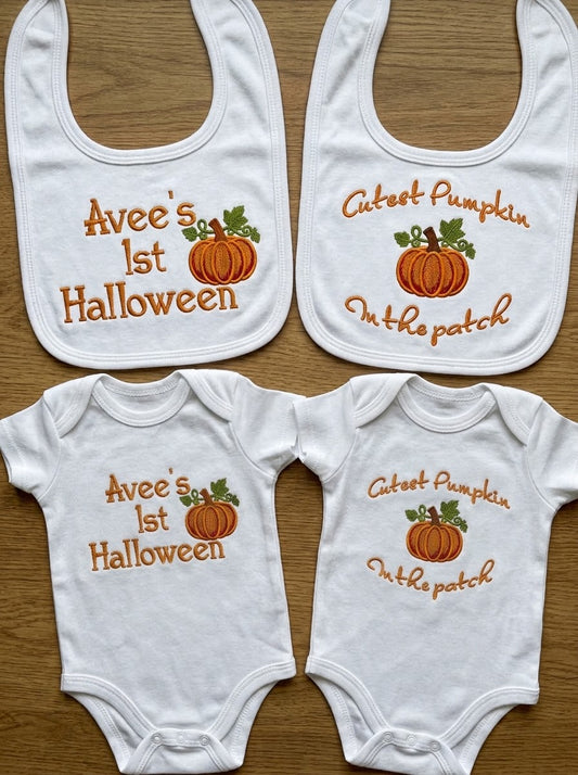 Personalized Baby First Halloween Outfit, Embroidered Baby Bib & Bodysuit, 1st Halloween, Cutest Pumpkin in the Patch, Custom Baby Gift