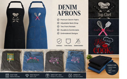 Embroidered Denim Apron, Personalized Cooking Gift for Chef, Custom Kitchen Apron Black Indigo Denim, Top Chef, Kiss the Cook, Grandma